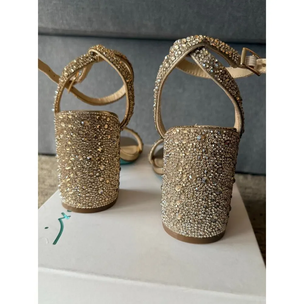 Betsey Johnson Gold Rhinestone Block Heel Sandals